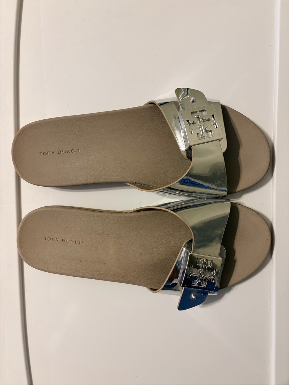 Tory Burch Women's Silver Metallic Slide Sandals - Size 9